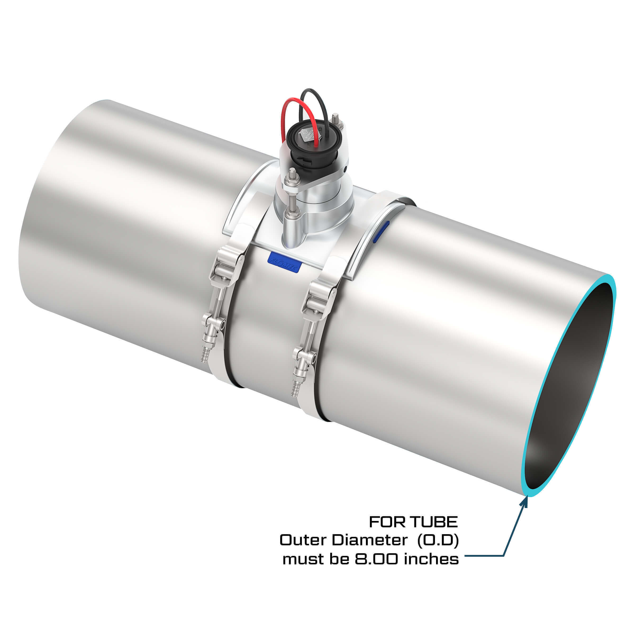 FLOMEC QS200 Ultrasonic insertion irrigation flow sensor with saddle mounted on 8-inch metal tube