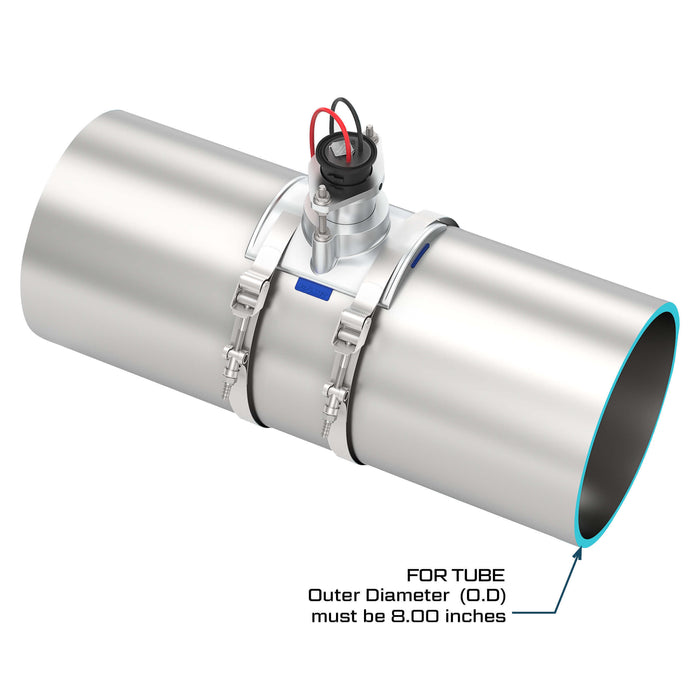 FLOMEC QS200 Ultrasonic insertion irrigation flow sensor with saddle mounted on 8-inch metal tube
