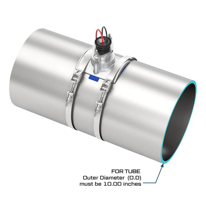 FLOMEC QS200 Ultrasonic insertion irrigation flow sensor with saddle mounted on 10-inch metal tube