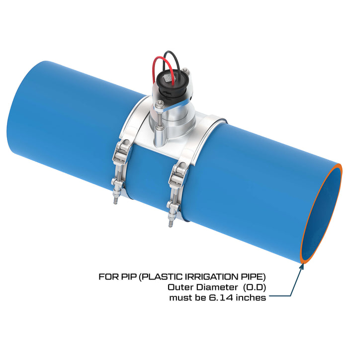 FLOMEC QS200 Ultrasonic insertion irrigation flow sensor with saddle mounted on 6.14-inch plastic irrigation pipe