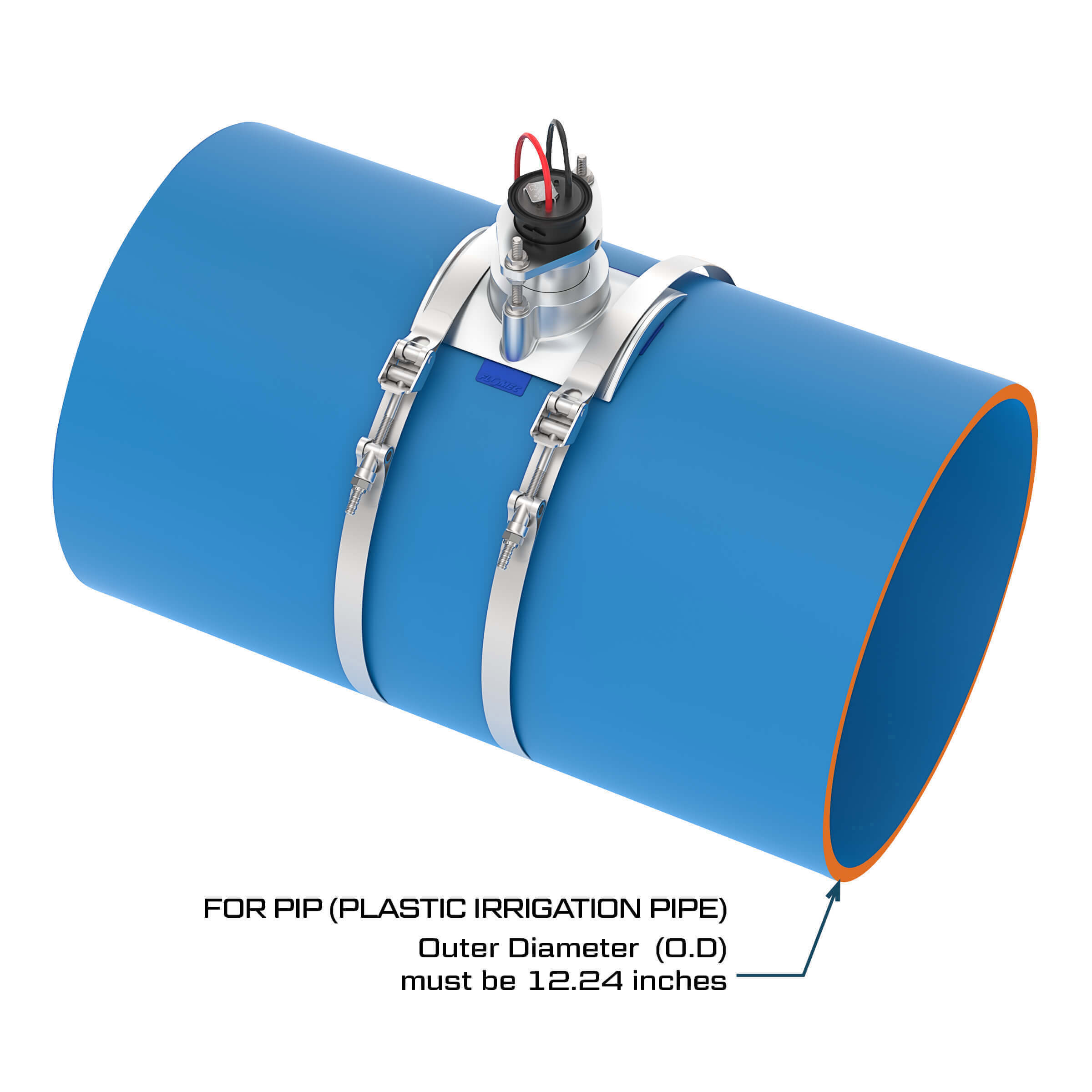 FLOMEC QS200 Ultrasonic insertion irrigation flow sensor with saddle mounted on 12.24-inch plastic irrigation pipe