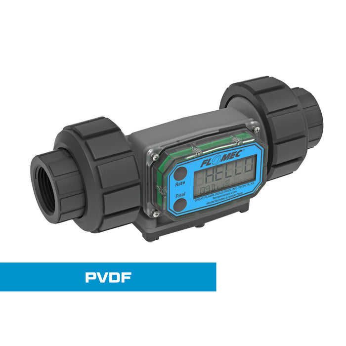 Turbine Flow Meter, Battery Powered Display, PVDF Body for Harsh Chemicals