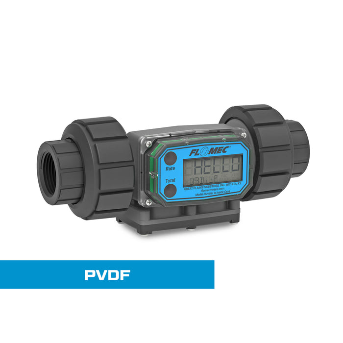 Turbine Flow Meter, Battery Powered Display, PVDF Body for Harsh Chemicals