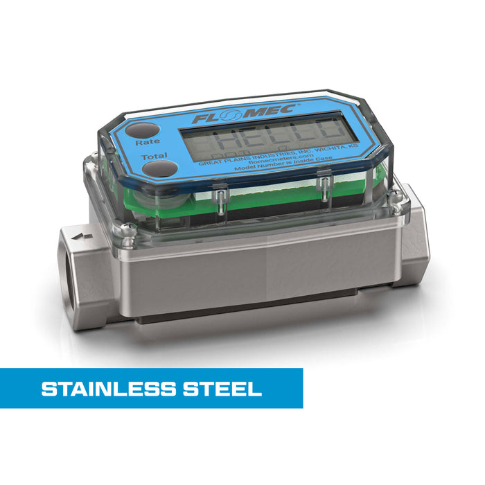 Turbine Flow Meter, Battery Powered Display, Stainless Steel Body for Petro Chem, Fuel, Water, and Solvents
