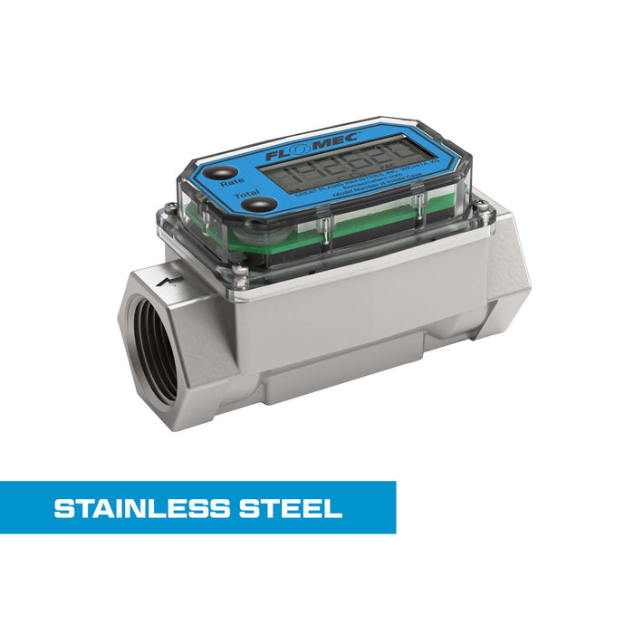 Turbine Flow Meter, Battery Powered Display, Stainless Steel Body for Petro Chem, Fuel, Water, and Solvents