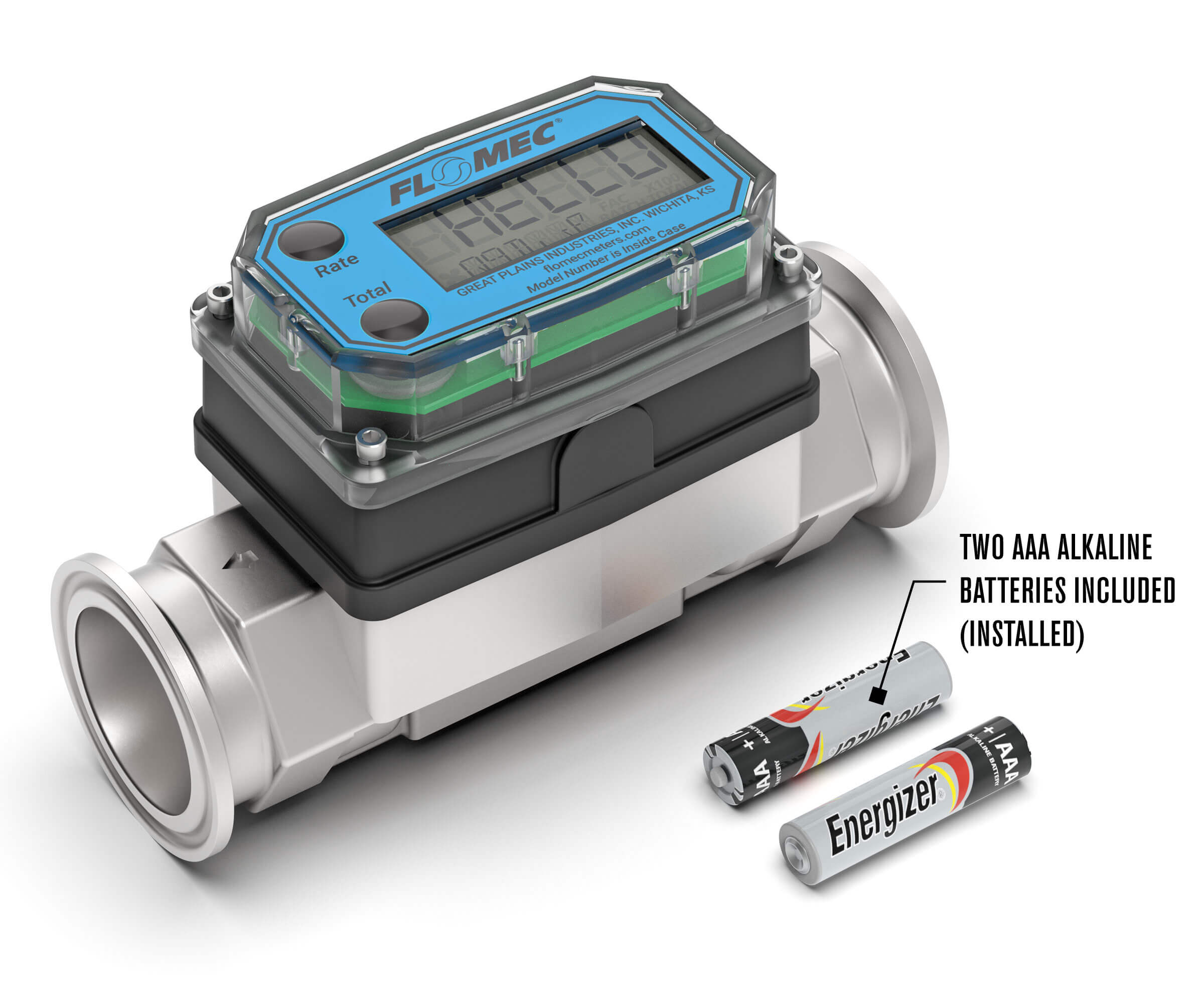 FLOMEC G2 High-Temp Brew Meter with Sanitary Fittings and Local Digital Display with 2 AAA Batteries