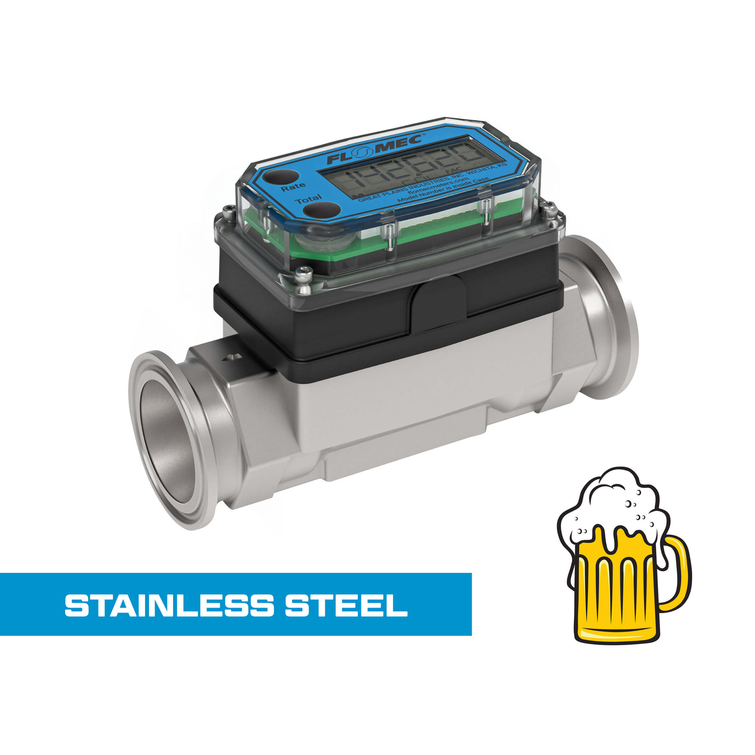 Turbine, High-Temp Brew Meter, Battery-Powered Display, Tri-Clamp Fittings