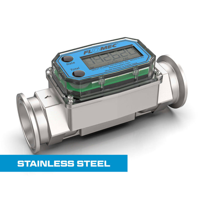 Turbine Flow Meter, Battery Powered Display, Stainless Steel Body for Petro Chem, Fuel, Water, and Solvents
