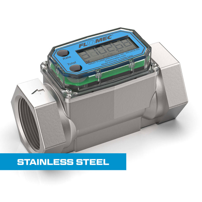 Turbine Flow Meter, Battery Powered Display, Stainless Steel Body for Petro Chem, Fuel, Water, and Solvents