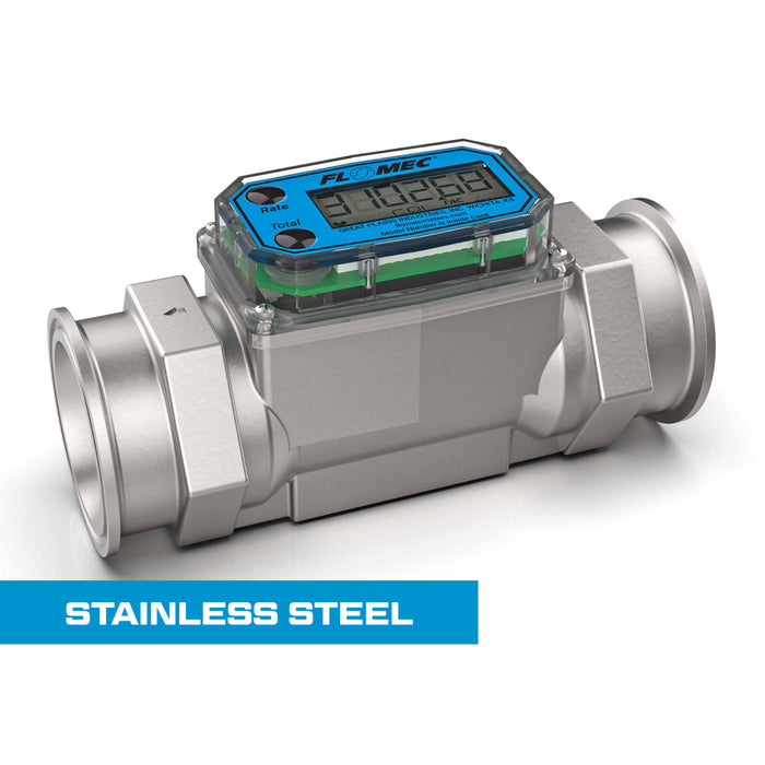 Turbine Flow Meter, Battery Powered Display, Stainless Steel Body for Petro Chem, Fuel, Water, and Solvents