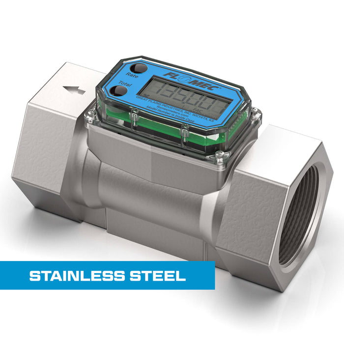 Turbine Flow Meter, Battery Powered Display, Stainless Steel Body for Petro Chem, Fuel, Water, and Solvents