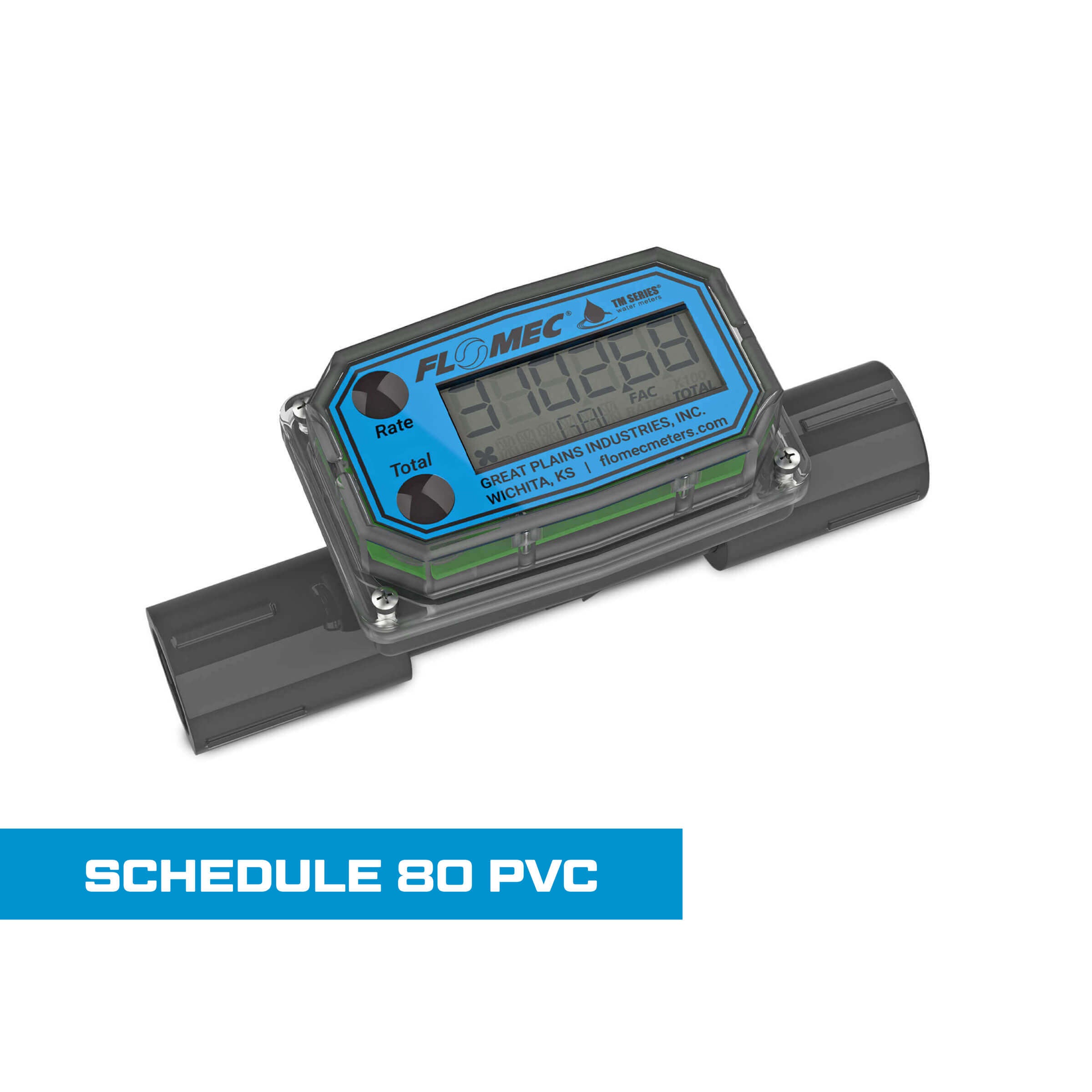 Turbine Flow Meter, Battery Powered Display, Schedule 80 PVC for Water