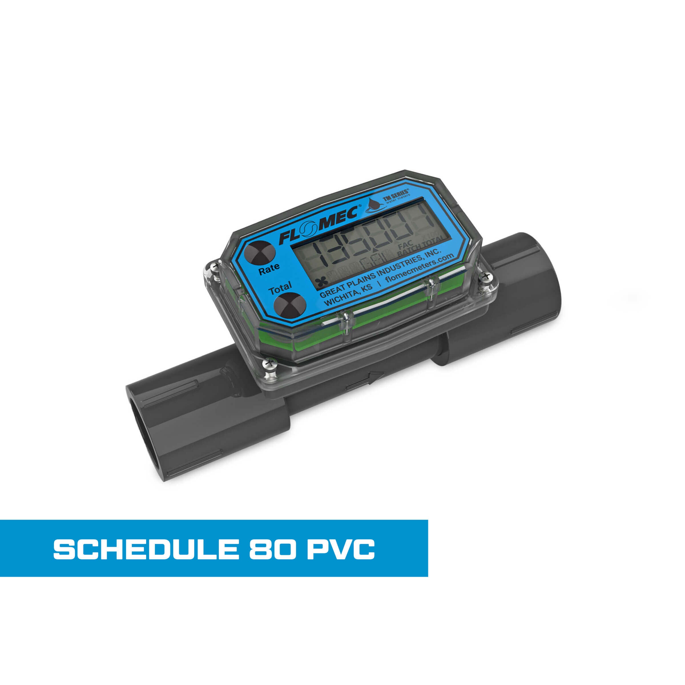 Turbine Flow Meter, Battery Powered Display, Schedule 80 PVC for Water