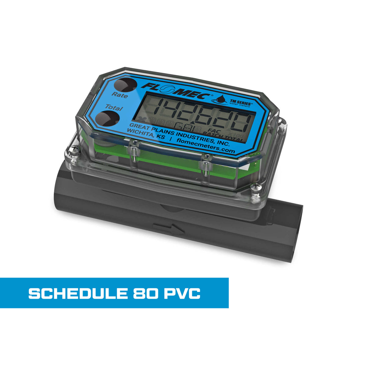 Turbine Flow Meter, Battery Powered Display, Schedule 80 PVC for Water