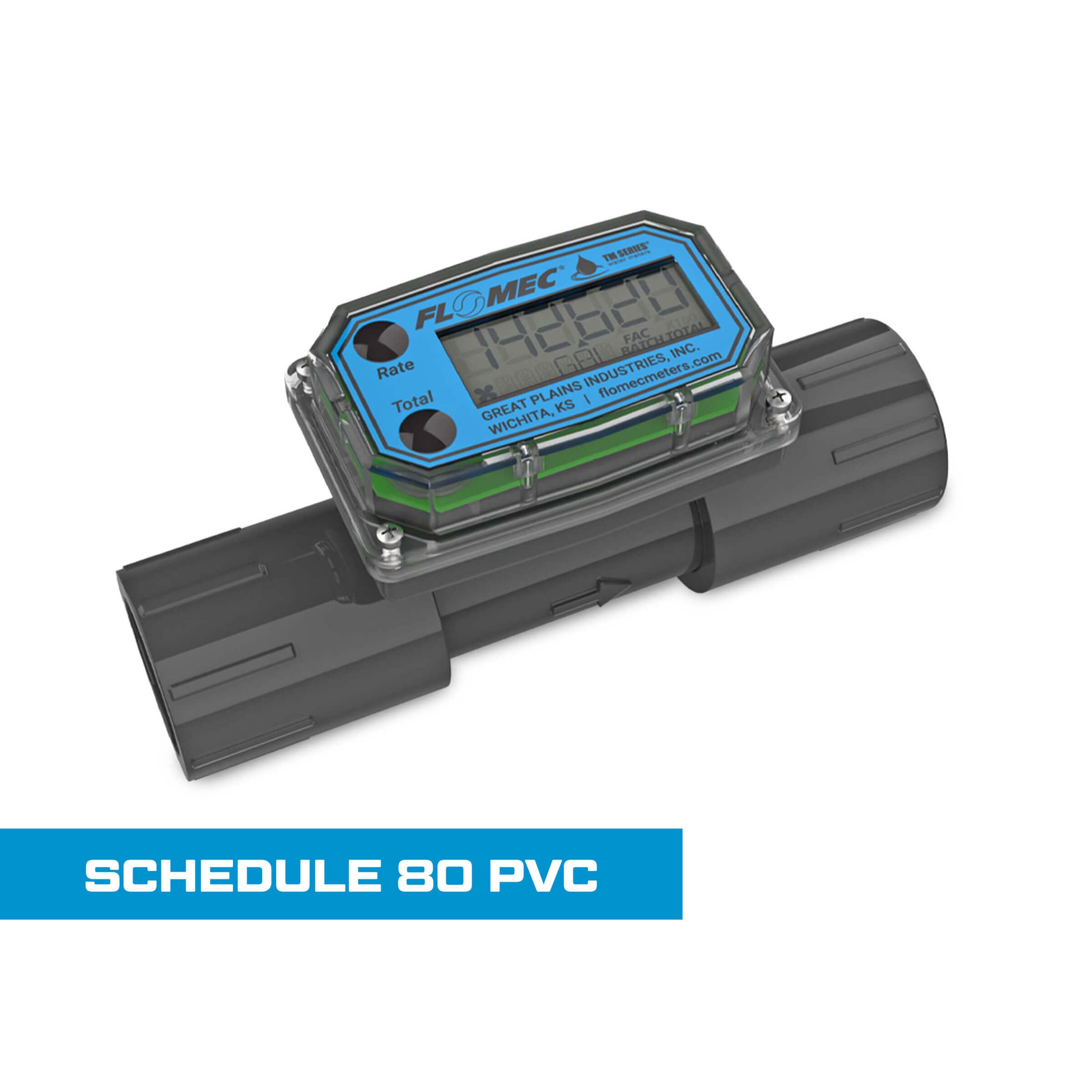 Turbine Flow Meter, Battery Powered Display, Schedule 80 PVC for Water