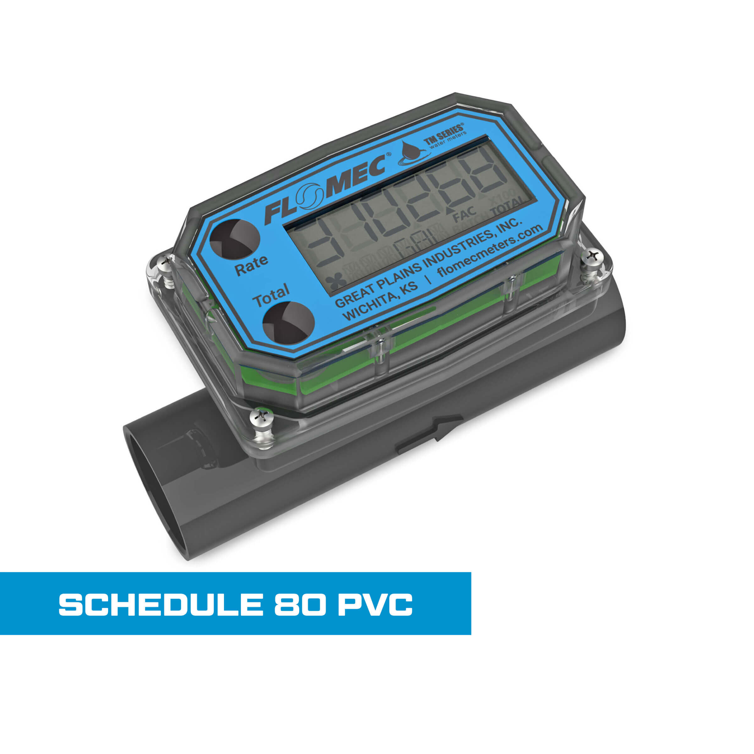 Turbine Flow Meter, Battery Powered Display, Schedule 80 PVC for Water