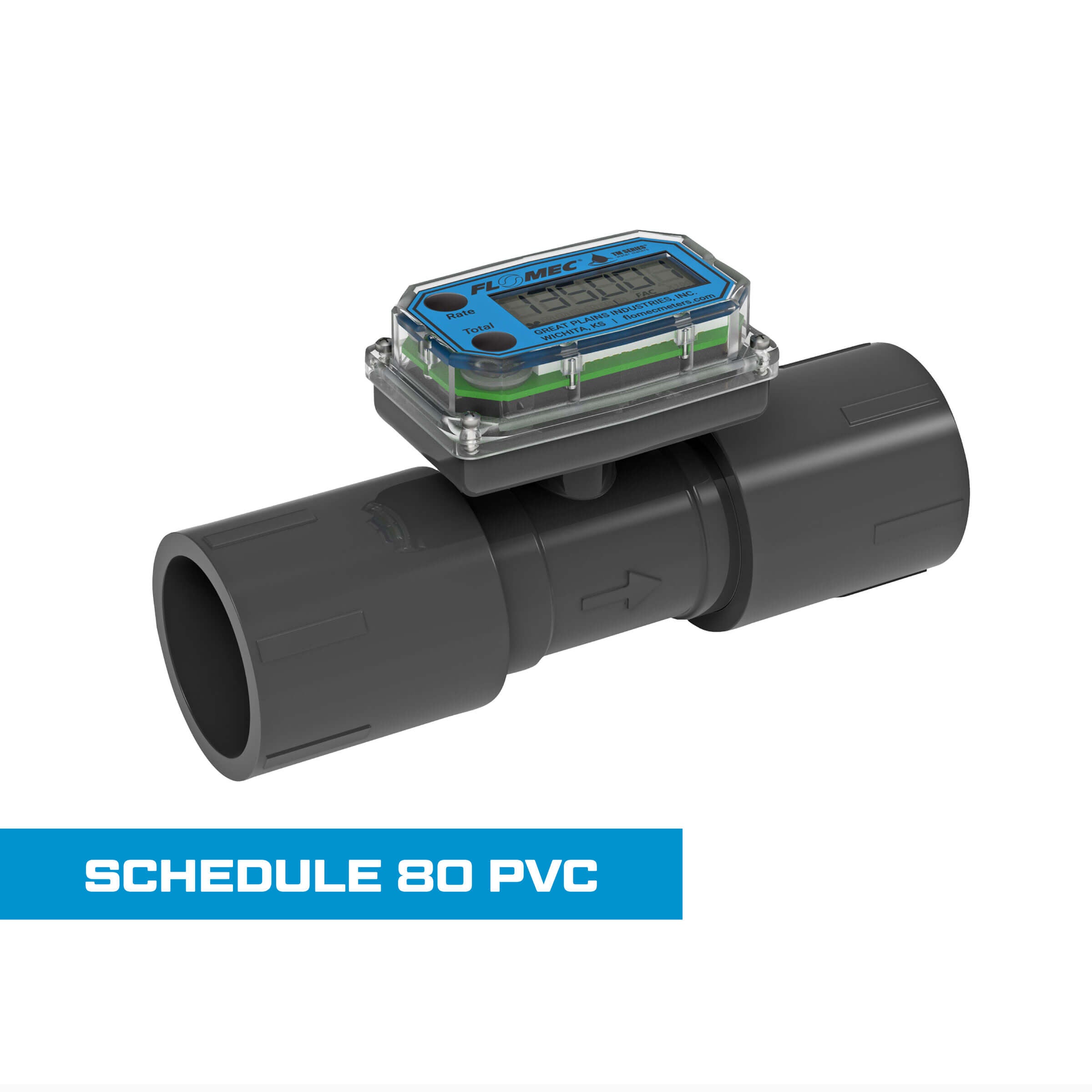 Turbine Flow Meter, Battery Powered Display, Schedule 80 PVC for Water