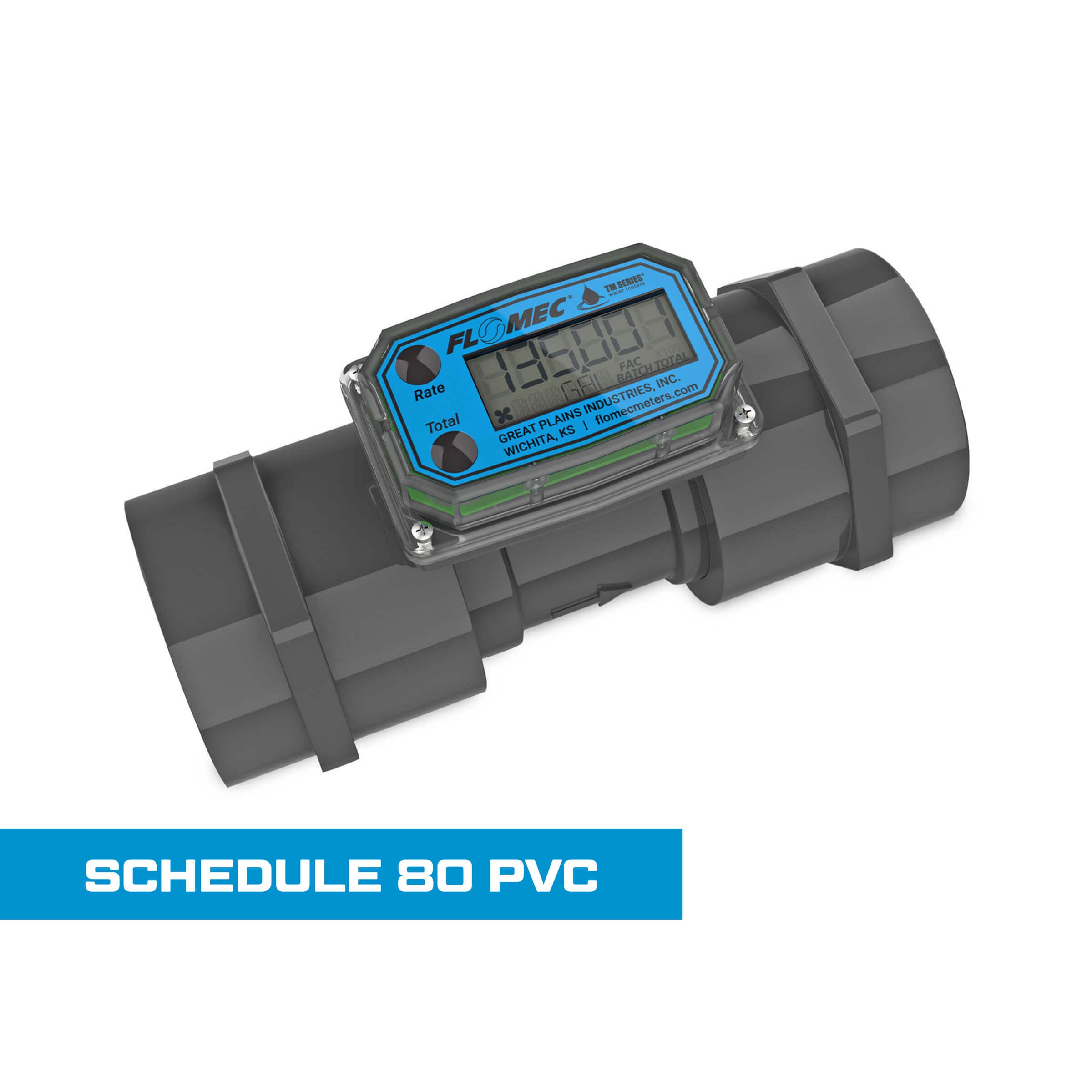 Turbine Flow Meter, Battery Powered Display, Schedule 80 PVC for Water