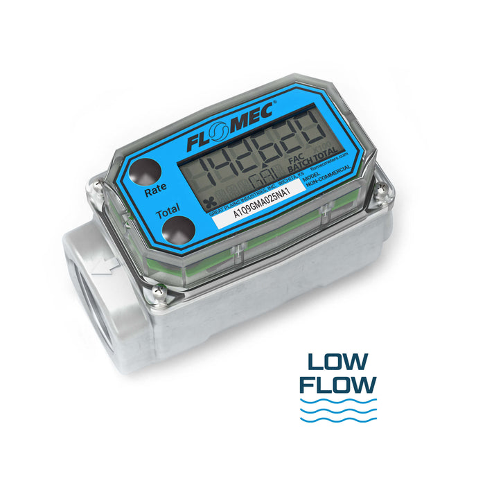 FLOMEC A1 Series low-flow 1-inch aluminum flow meter for thin petroleum based fluids gallon measure