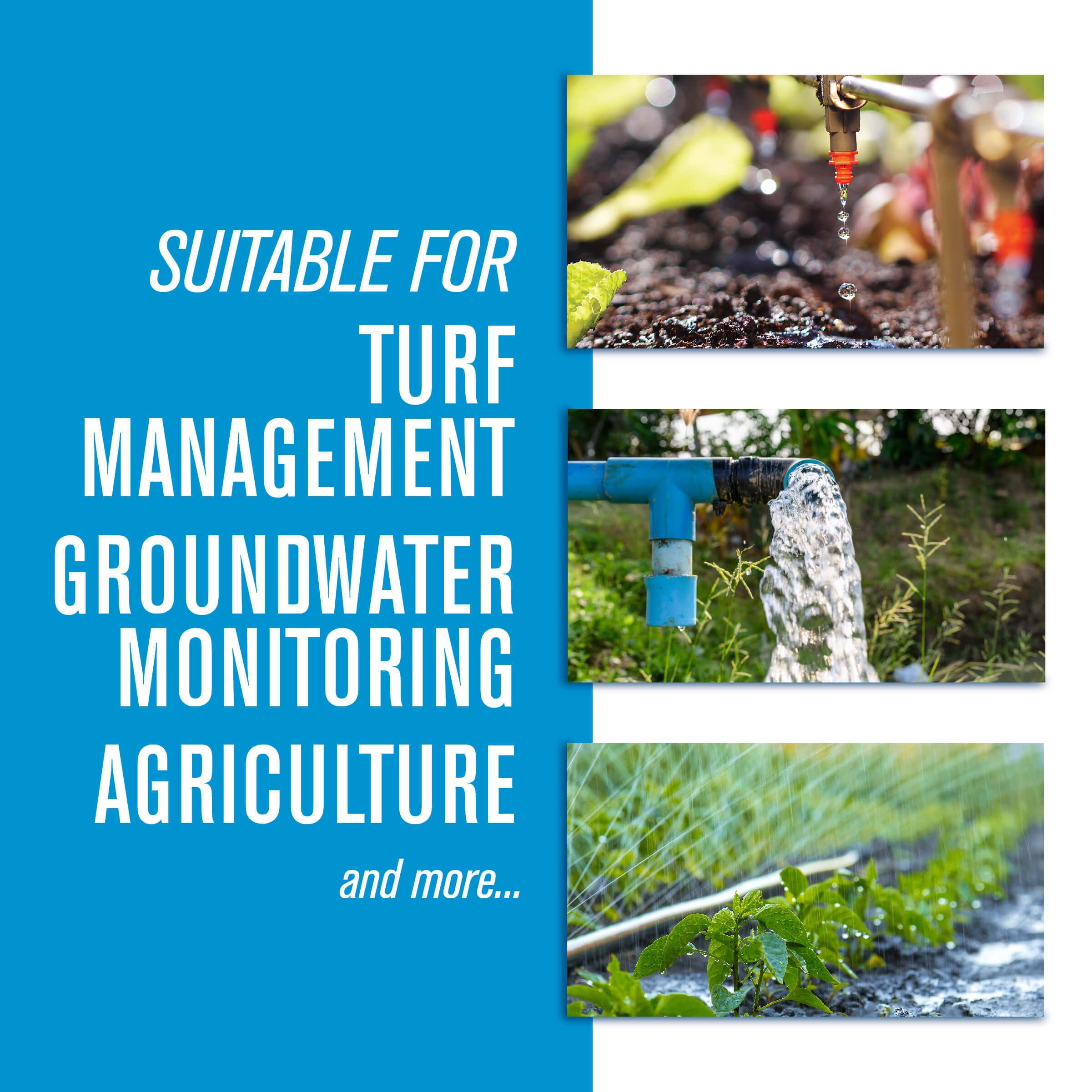 FLOMEC QS100 examples of turf management, groundwater monitoring, and agriculture