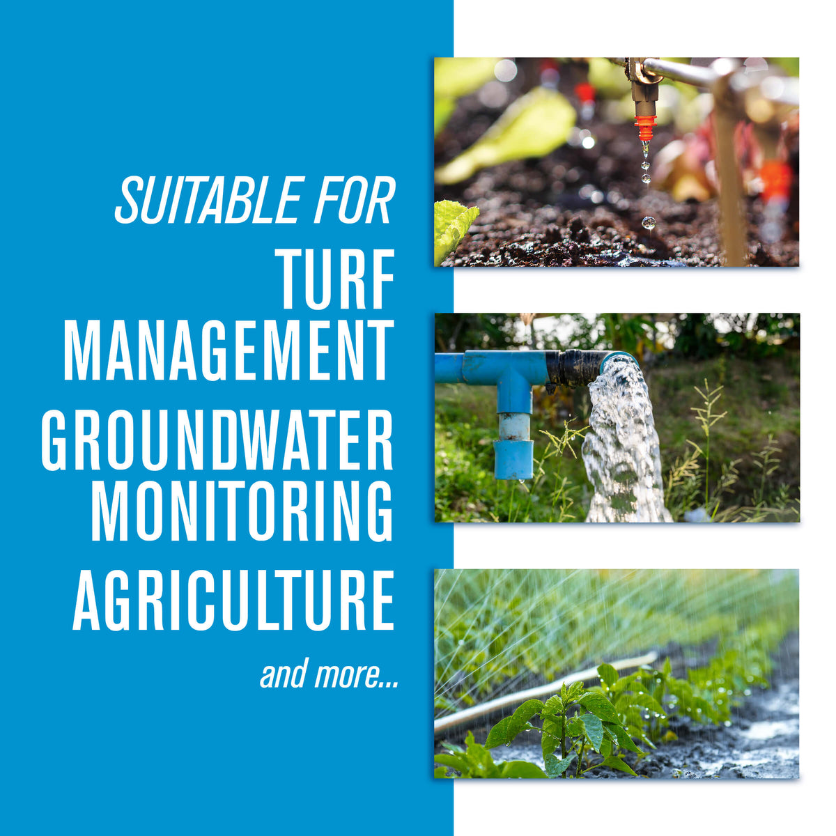 FLOMEC QS100 examples of turf management, groundwater monitoring, and agriculture
